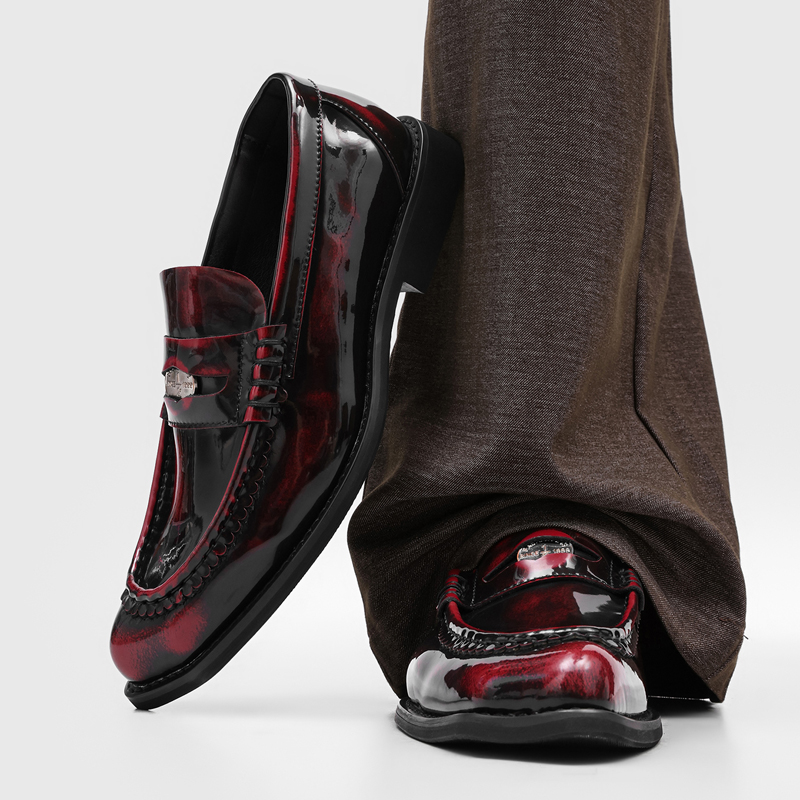 Mens Accessories Style - 英国風メンズ光沢グラデーションカラーローファー、メタルアクセサリー付き、ビジネス・宴会・パーティー向け、気品のあるメンズファッションシューズ