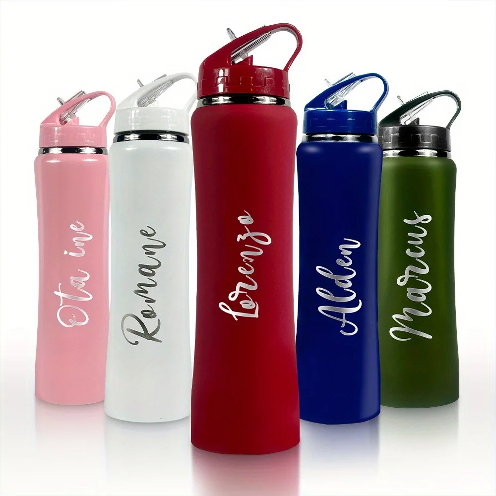 Flask Stainless Steel - ストロー付きパーソナライズされた断熱ステンレススチールウォーターボトル - 彫刻されたフィットネス/サイクリングボトル、男性と女性へのギフトに最適