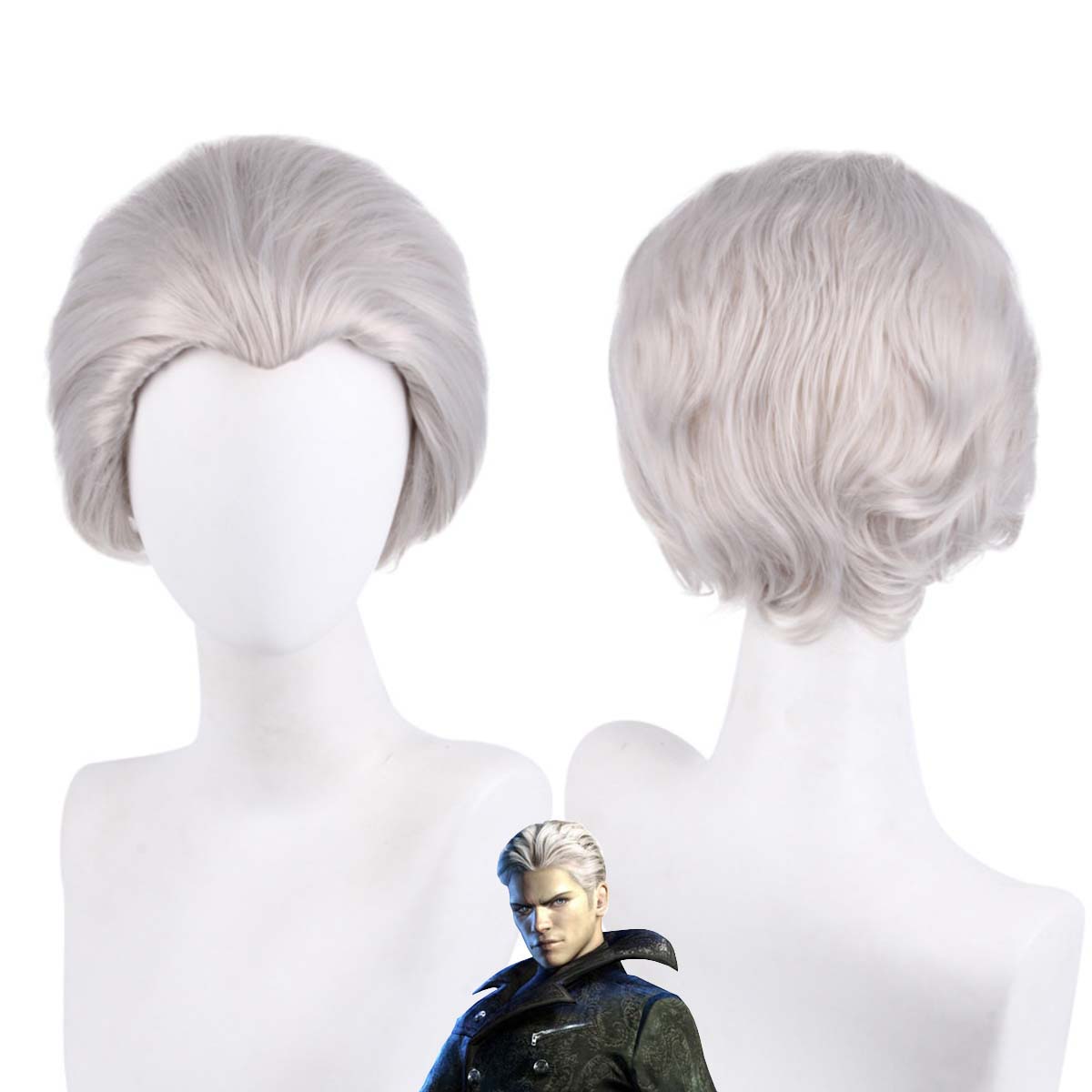 Men Accessories Silver - 男性用ゲーム「デビル・メイ・クライ」バージルコスプレウィッグ シルバーグレー バックショート ウィドウズ・ピーク付き 耐熱性合成繊維 ハロウィンロールプレイ用